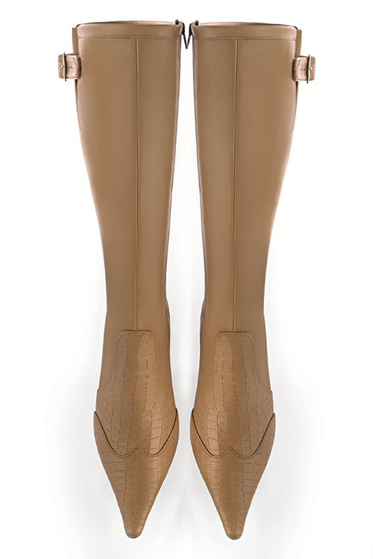 Camel beige women's knee-high boots with buckles. Pointed toe. Medium cone heels. Made to measure. Top view - Florence KOOIJMAN